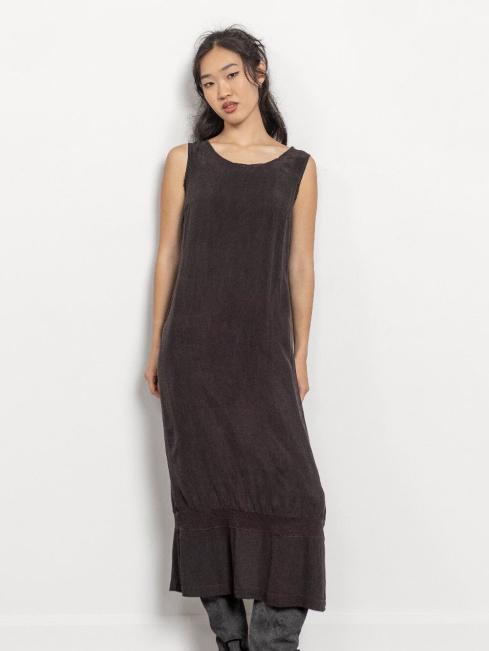 Vintage 90's Rayon Maxi Dress: Black, Relaxed Fit, Lace Trim Medium